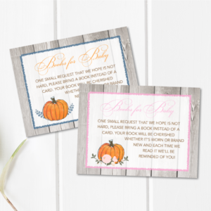 Little Pumpkin Baby Shower Printable "Books for Baby" Cards Insert in Blue or Pink